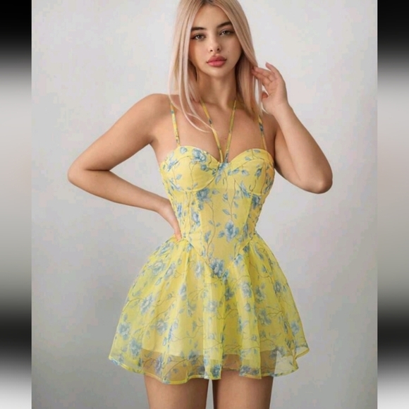 Women's  Yellow Sundress  Party Floral Print Splicing Mesh Strap Dress - Picture 1 of 5